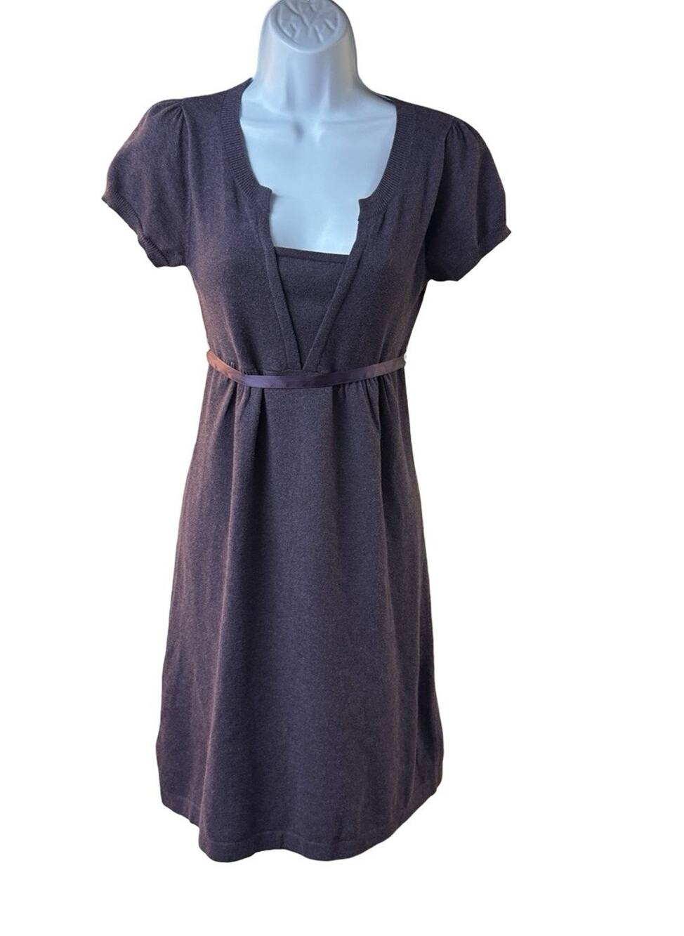 Promod Purple Knit Sweater Dress Short Sleeve Empire Waist Tie Belt READ